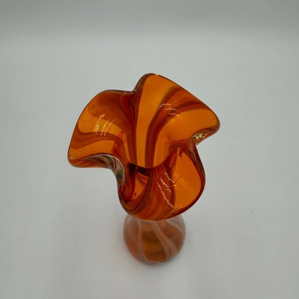 Wales Vintage Art Glass Bud Vase Hand Blown Ruffled Rim Orange striped ruffle to